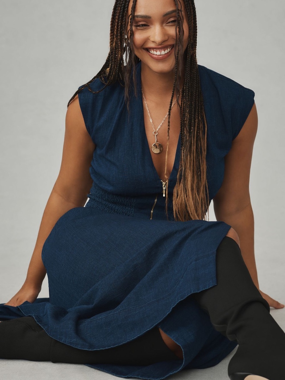 Tommie Cap-Sleeve Smocked Front-Zip
Shirt Dress: Denim - Picture 4 of 5